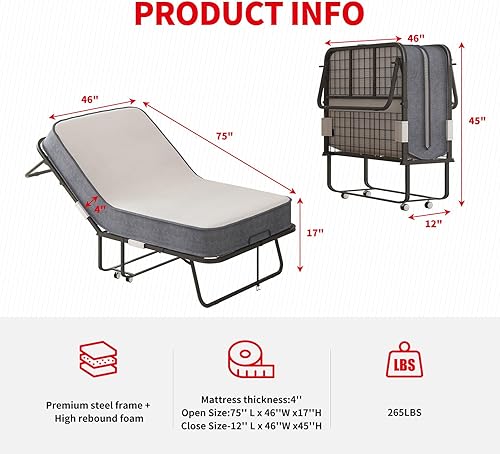 Miniatura 3 de Cama plegable con colchón de 4 pulgadas incluido, cama temporal para invitados y familias, cama plegable que ahorra espacio con rodillos con