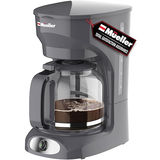 MUELLER HOME 12-Cup Drip Coffee Maker Perfect for Home or Office, Borosilicate Carafe, Auto-Off, Reusable Filter, Anti-Drip, Keep-Warm Function, Clear Water Level Window, Gray