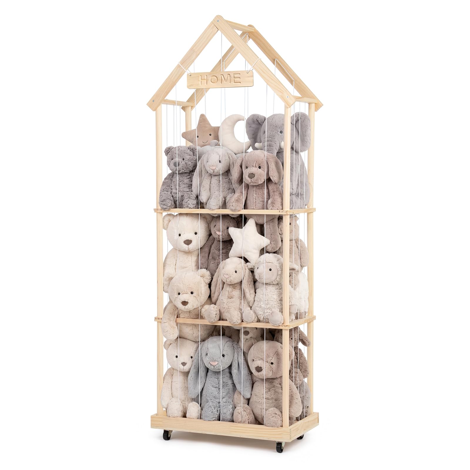 Todeco Organizador Peluches 164x32x58 cm 3 Niveles con Ruedas 360° | Espacio Extra, De Madera, Ahorro de Espacio para Dormitorio y Sala de Juegos