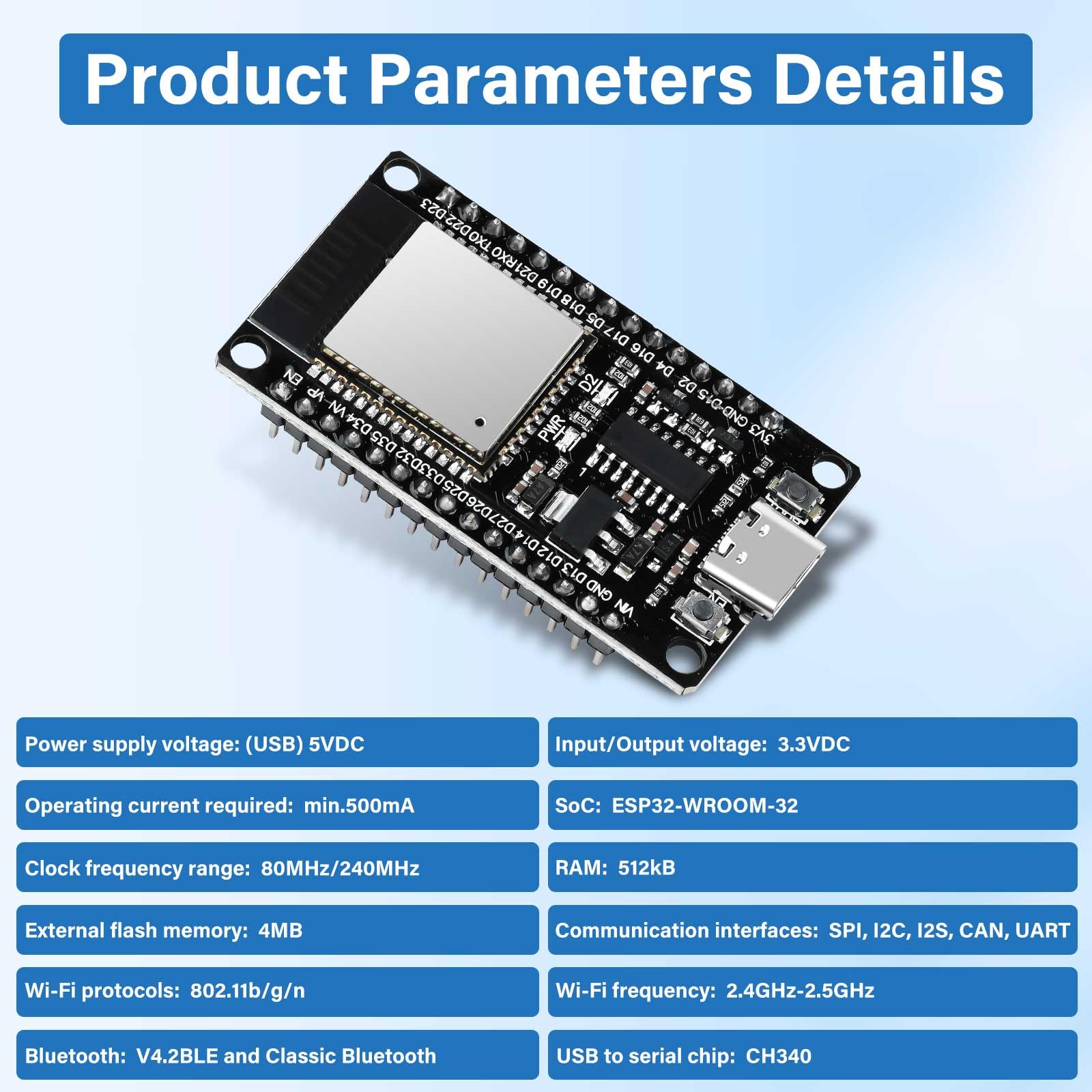Diymore ESP32 NodeMCU Carte de développement USB C 2.4 GHz WiFi Bluetooth CH340