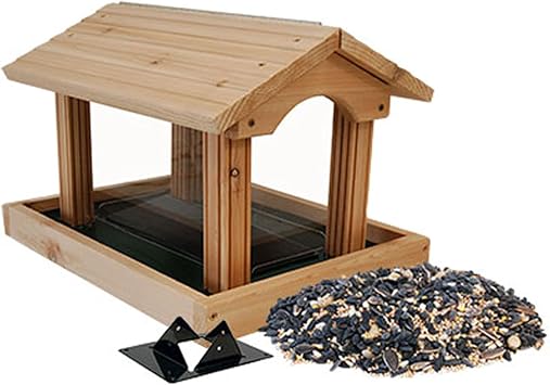 Woodlink Professional Cedar Large Hopper Bird Feeder with Seed & 4x4 Post Adapter 9.5 Qt Capacity, Plexiglass Panels, Includes 10 lb Wild Bird Seed