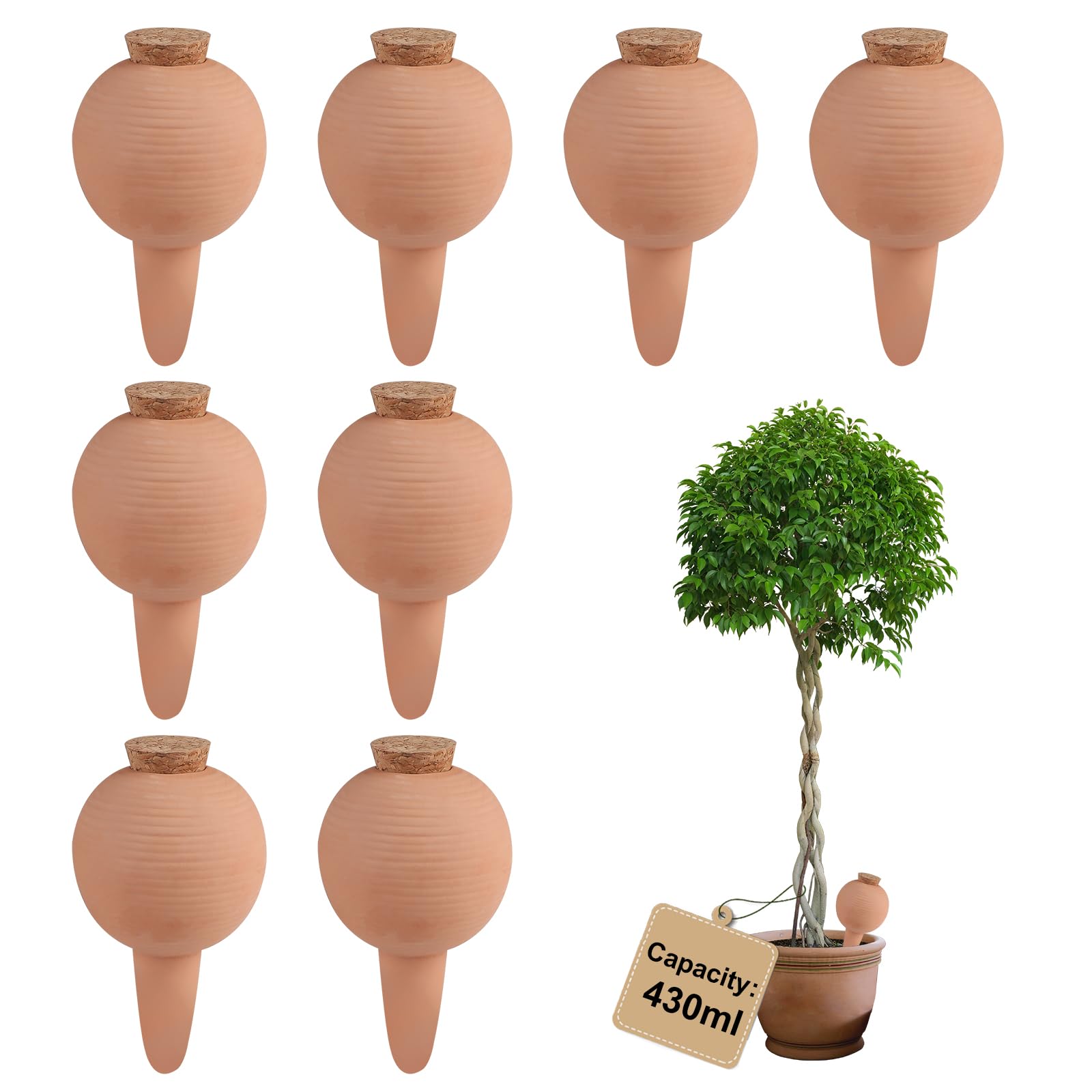 EXLECO 8 × 430ml Coni di Terracotta per Irrigazione con Sughero, Sferici Olla, Sistema di Irrigazione Automatico, Irrigazione a Goccia per Bottiglia, per Piante D'appartamento, Orto, Balcone, Vasi