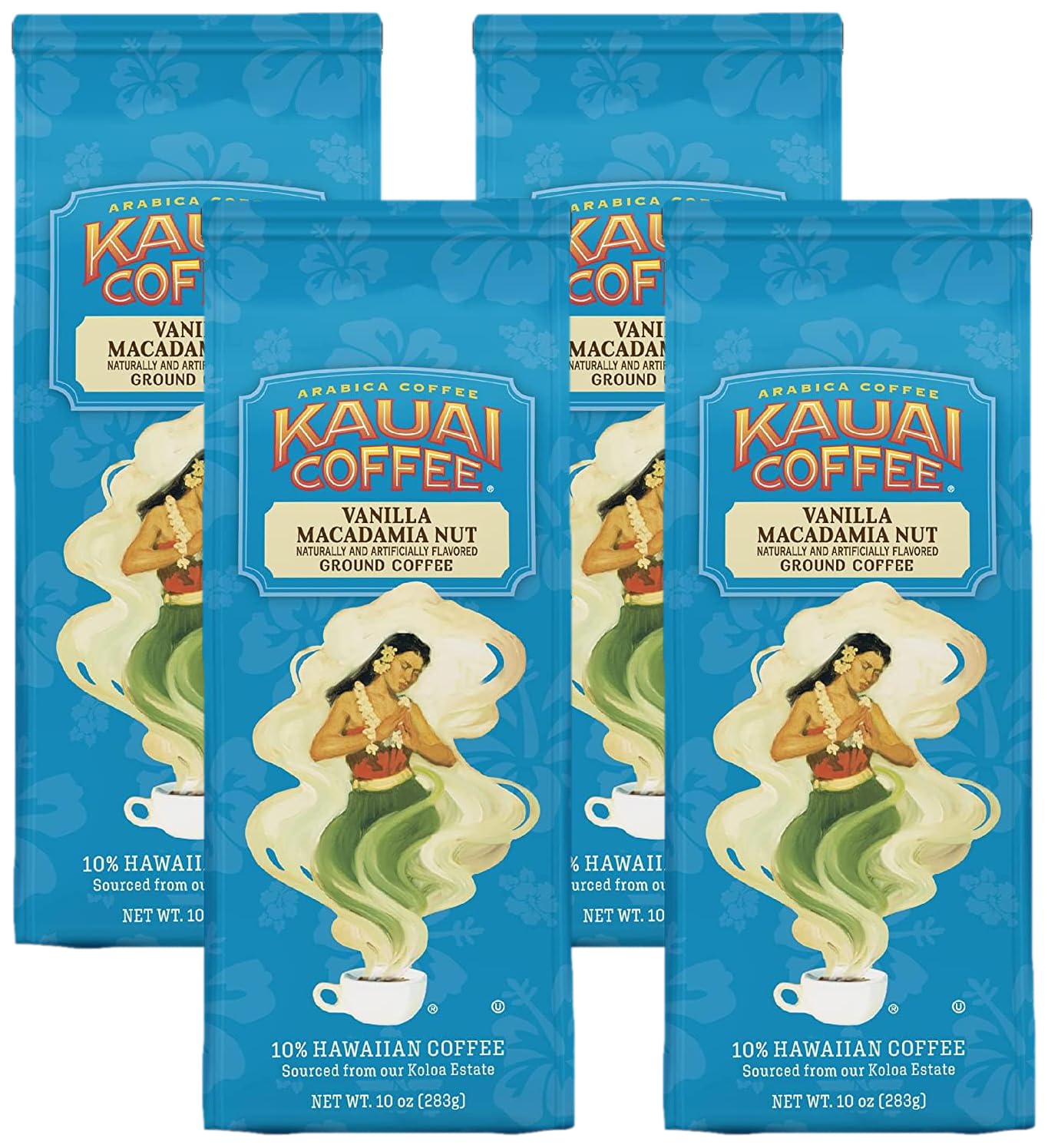 Kauai Hawaiian Ground Coffee, Vanilla Macadamia Nut Flavor - Gourmet Arabica Coffee From Hawaii's Largest Grower, Smooth, Delicious Flavor and Amazing Aroma - 10 Ounce (Pack of 4)