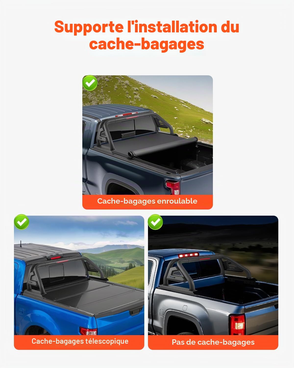 VEVOR Arceau de Sécurité Arrière pour Pick-up, Barre de Benne Réglable Universel, Compatible avec les Camions de Taille Moyenne, Construction en Acier au Carbone avec Feux LED, Support Non Inclus
