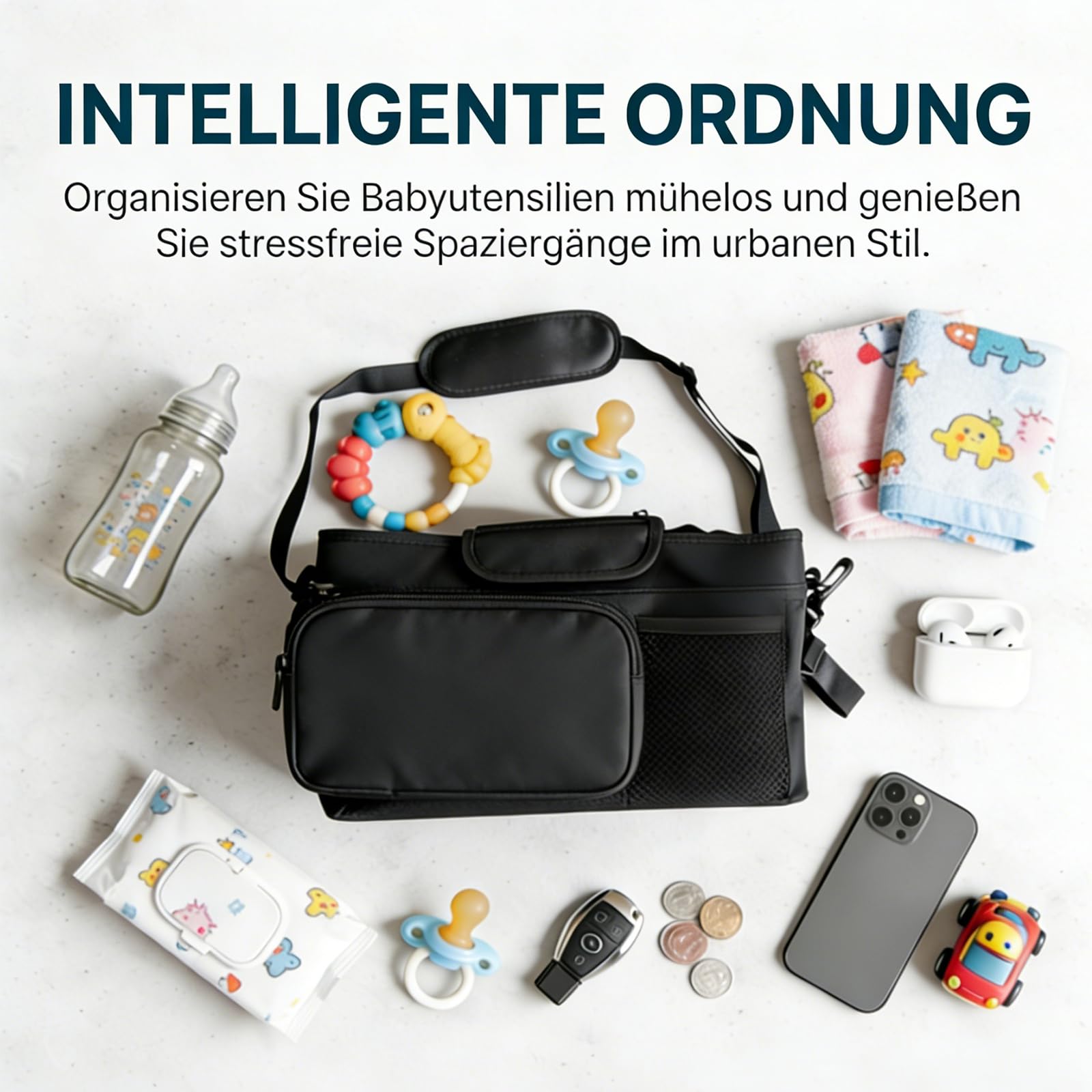 Kinderwagen Organizer Universal mit Isolierten Getränkehalter - Buggy Kinderwagentasche mit Verstellbarem Schultergurt, Wasserdichte Baby Zubehör Tasche für Windeln, Handys, Flaschen (Schwarz)