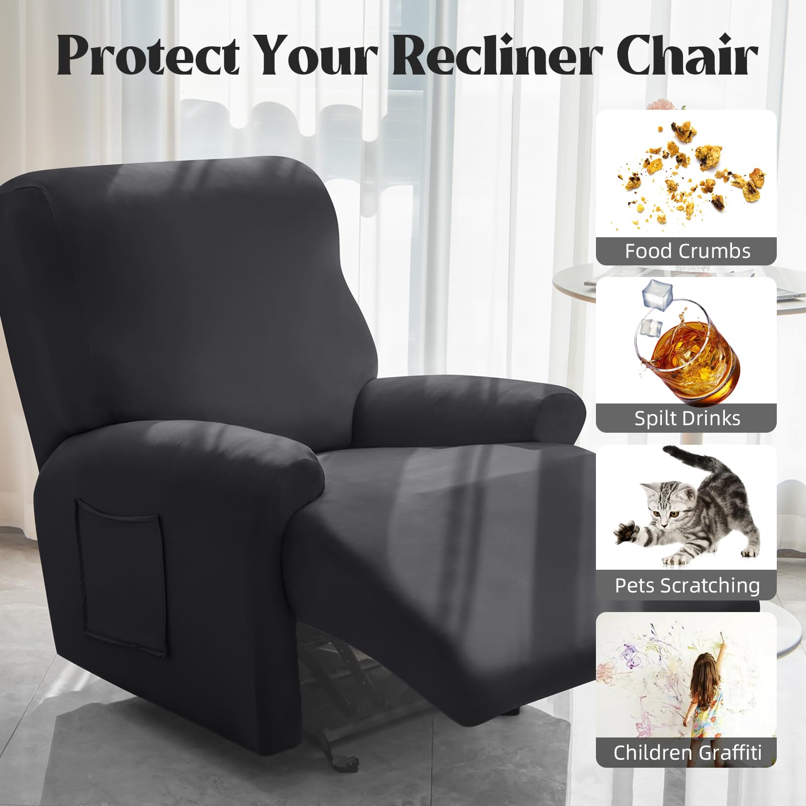 Alishomtll 4 Pieces Recliner Chair Covers, Stretch Recliner Sofa Covers with 2 Side Pockets - Image 4