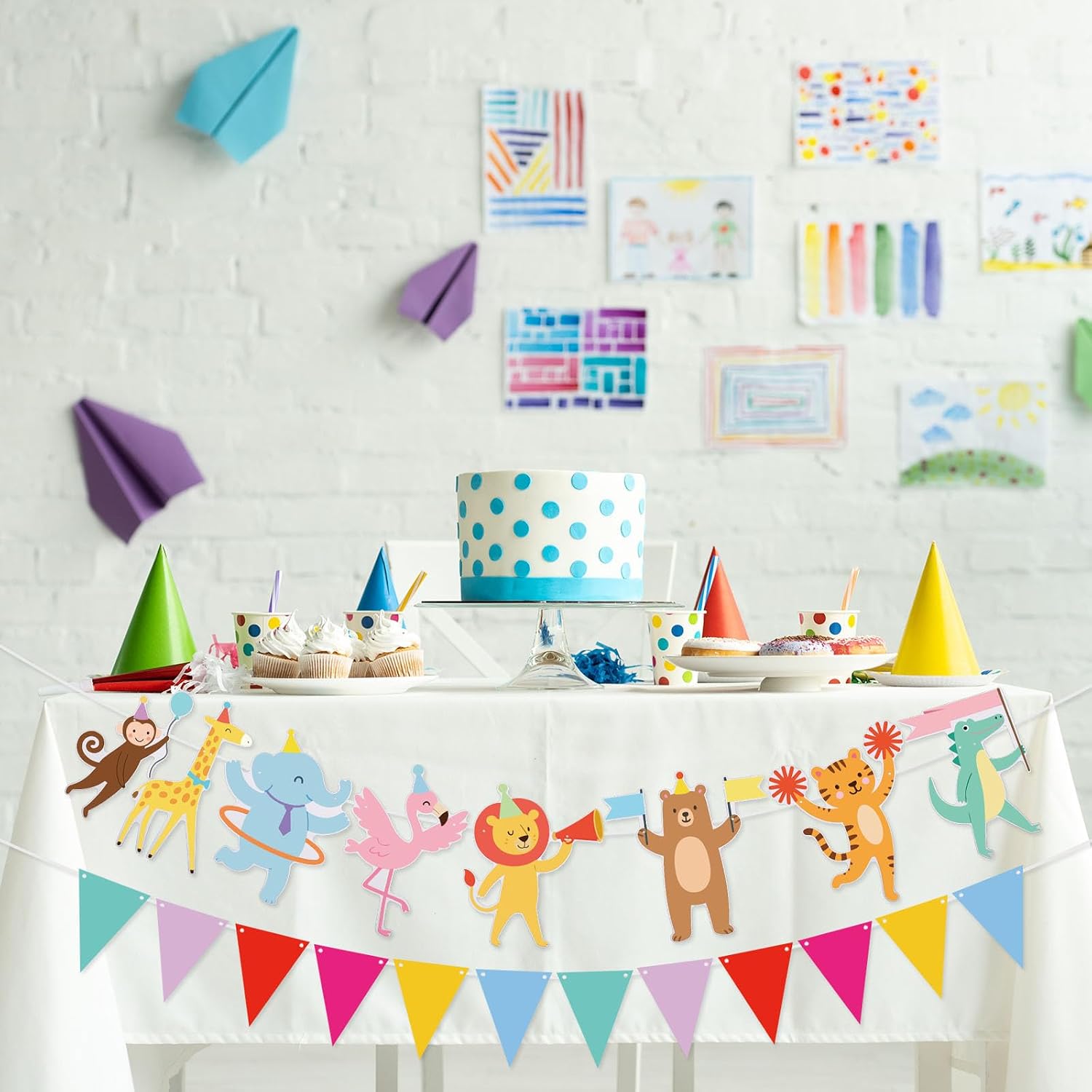 Animal Parade Party Banner & Colorful Pennant Banner, Pre-Strung Cute Animal Birthday Party Triangle Garland Zoo Jungle Theme Hanging Carnival Decorations for Kids Baby Shower