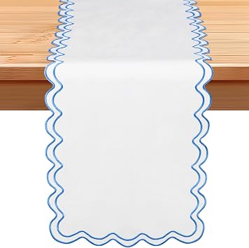 108 Inches Scalloped Edge Table Runner, Double Linen Fabric Table Runner Outdoor, Rustic Dining Decor for House Kitchen CoffeePure White, Sky Blue