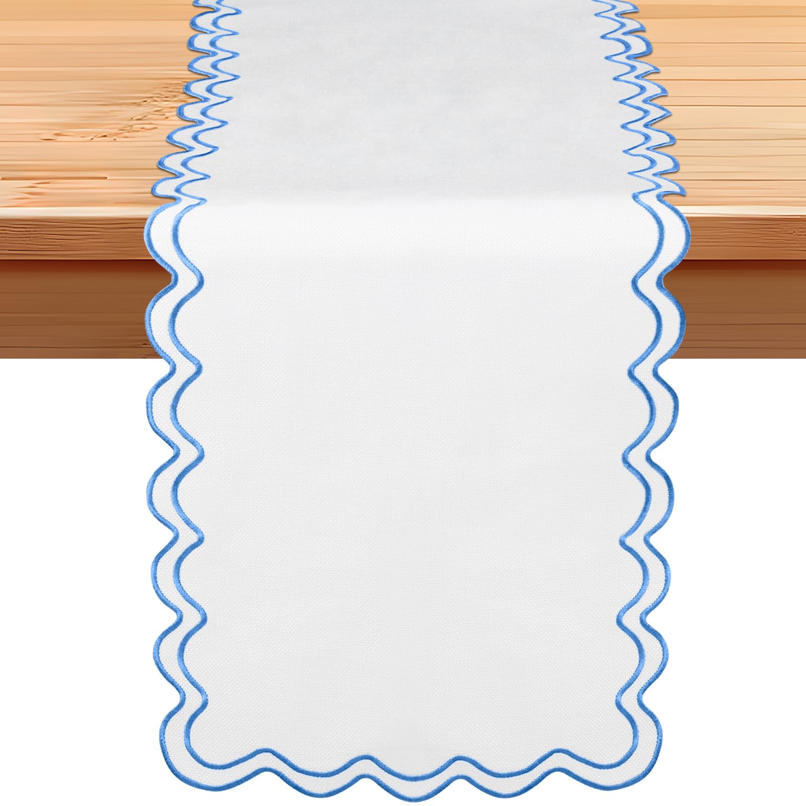Photo 1 of Windkream 72 Inches Scalloped Edge Table Runner, Double Linen Fabric Table Runner Outdoor, Rustic Dining Decor for House Kitchen Coffee(Pure White, Sky Blue)
