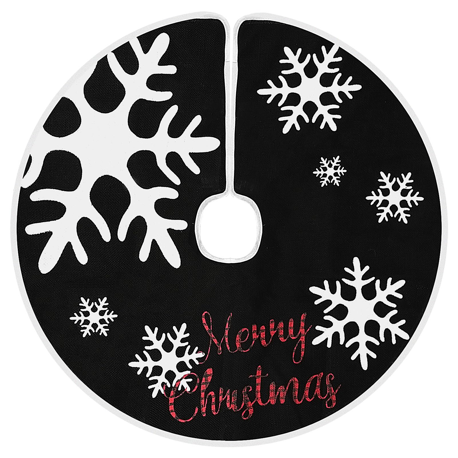 MACTING Christmas Tree Skirt - 30 Inch Black Burlap Mat With White Snowflakes, Farmhouse Holiday Decor