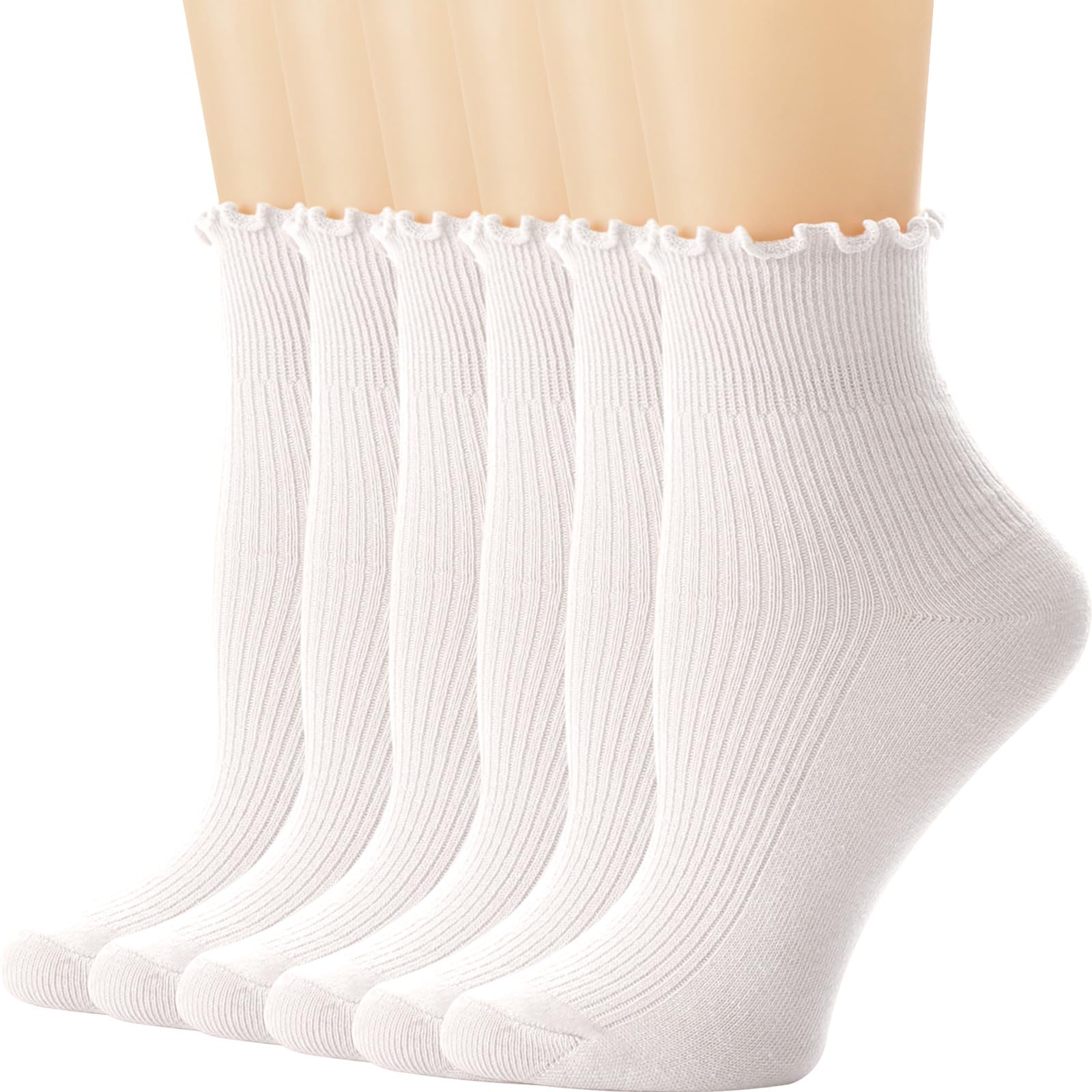 DRESHOW Women Ruffle Frilly Socks Casual Ankle Socks Breathable Cotton Crew Knit Socks for Women 6 Pack