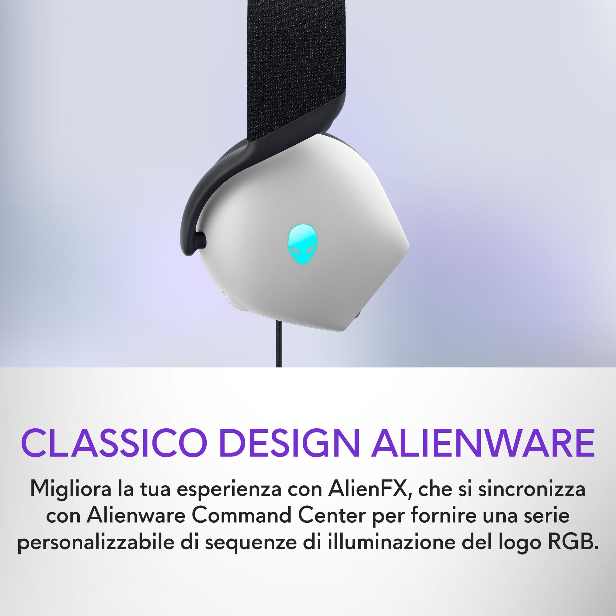 Alienware AW520H Cuffie da Gaming – Cablate con Audio Hi-Res, Dolby Atmos, Microfono Retrattile, Illuminazione RGB AlienFX, Lunar Light