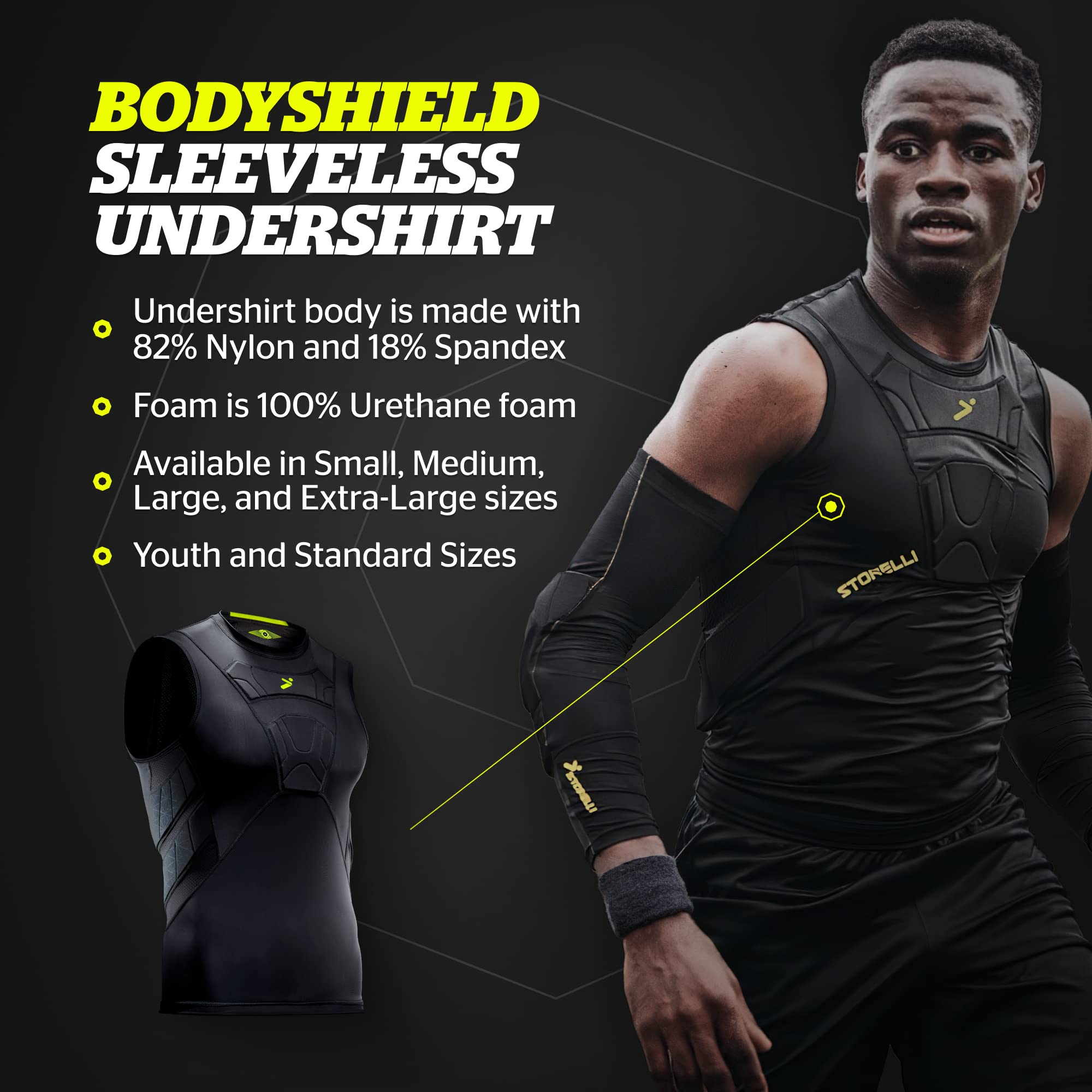 Storelli BodyShield Camiseta Interior sin Mangas, Capa Base Protectora para fútbol, ​​Camiseta de compresión con protección para el Pecho y Las Costillas, Comodidad y Seguridad, Negro, Medium
