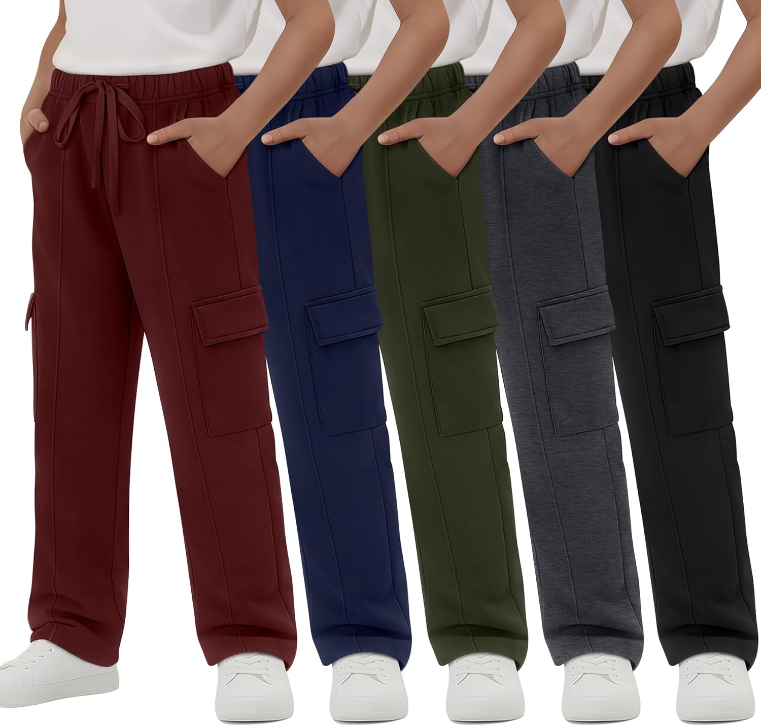 5 Pack Boys' Cargo Sweatpants Straight Leg Joggers Open Bottom Baggy Pants with Multi Pockets for Years 6-16