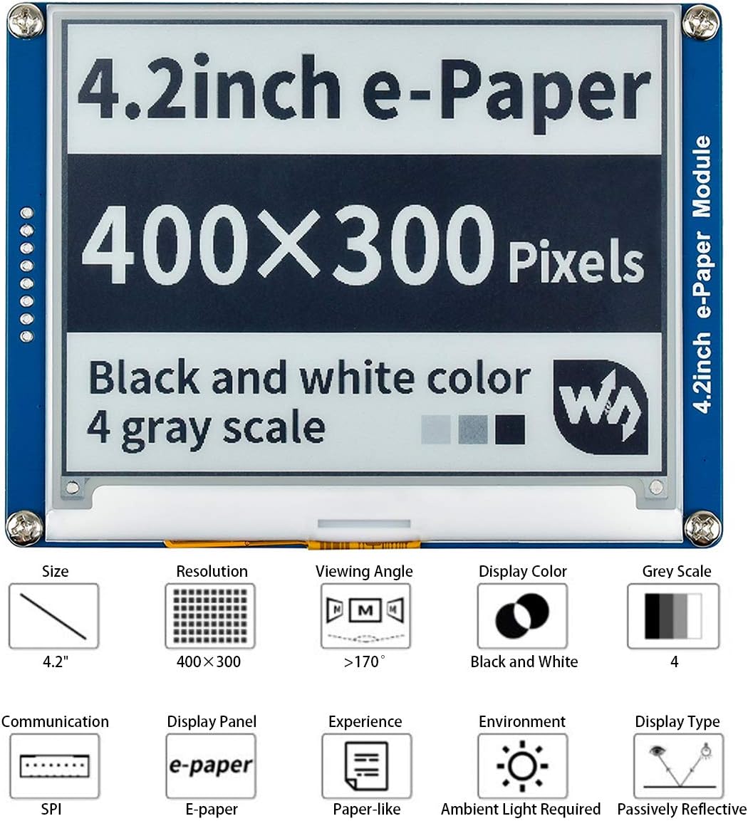 4.2inch E-Ink Display Module 400x300 Pixel Black,White Two-Color 3.3V-5V E-Paper Screen LCD Support Full Refresh SPI Interface for Raspberry/Jetson Nano/Ard/Nucleo