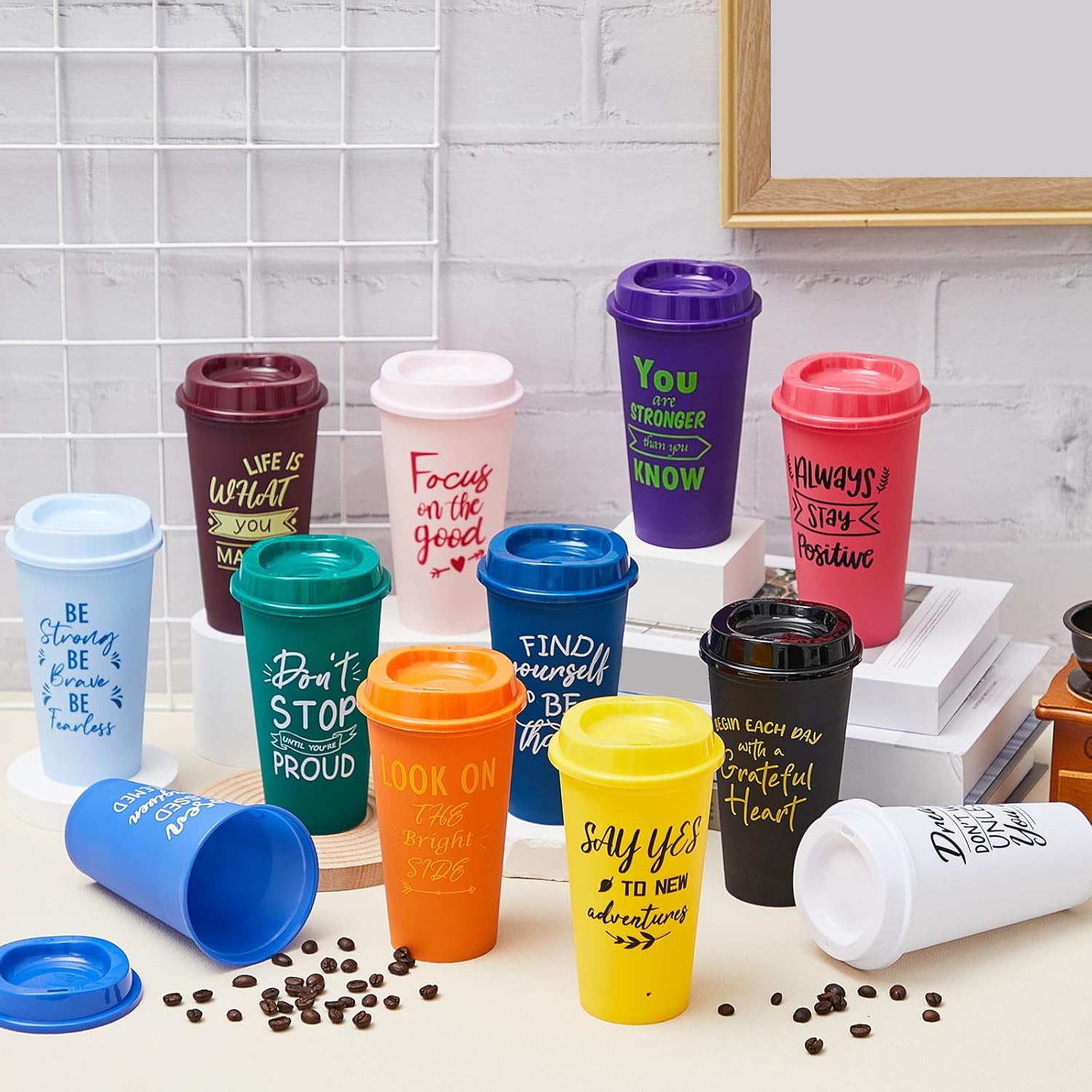 12 Pcs Inspirational Gifts for Employee Coworkers Staff Teammate, 16oz Reusable Plastic Coffee Cups with Positive Sayings, Bundle Gifts for Woman Man Coworker (Bright Color,Inspirational) - Image 4