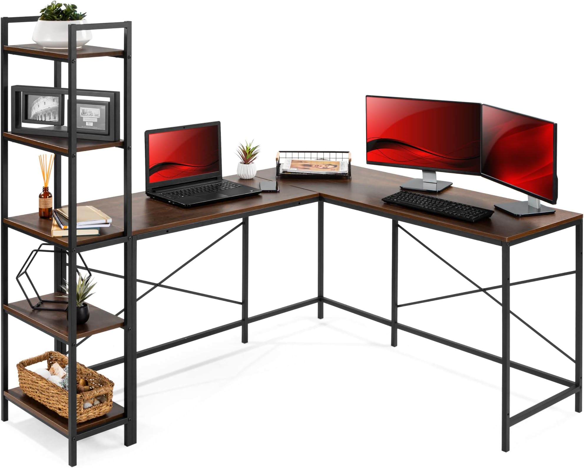 Best Choice Products L-Shaped Corner Computer Desk, Large Study Workstation Furniture w/Multifunctional 5-Tier Open Storage Bookshelves, Custom Setup for Home, Office - Brown/Black