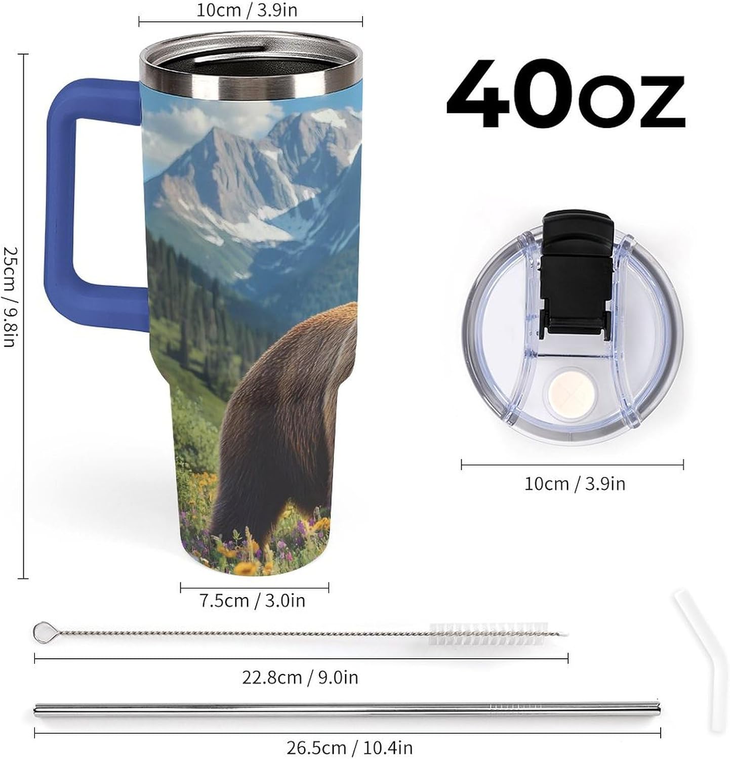 Wild-flower Bear Travel Mug 40oz Insulated Tumbler with Lid And Straw Coffee Mug Car Cup Deep Blue-style