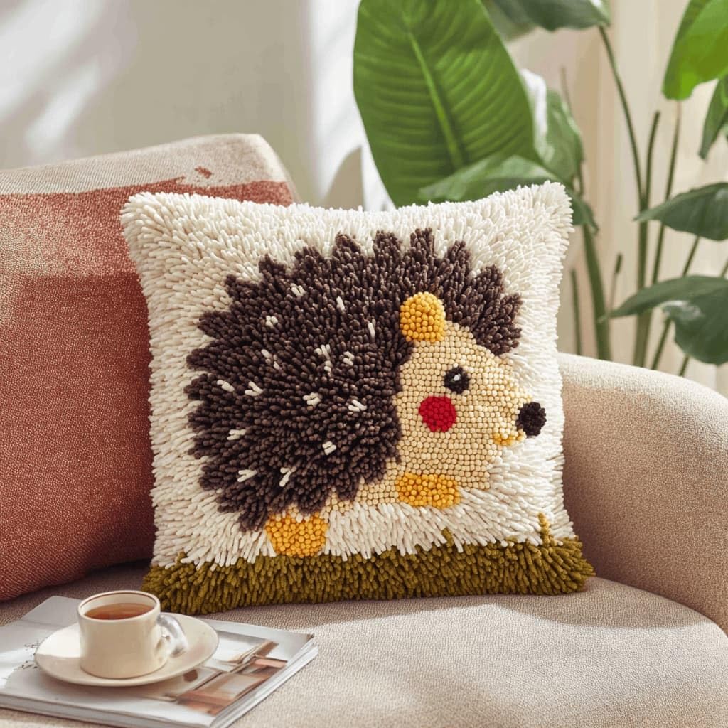 AxiangziK Latch Hook Pillow Kit for Adults,Hedgehog 43X43Cm Handmade Embroidery Kits,Cross Stitch Sofa Cushion Cover with Crochet Yarn for Beginners and Home Decor