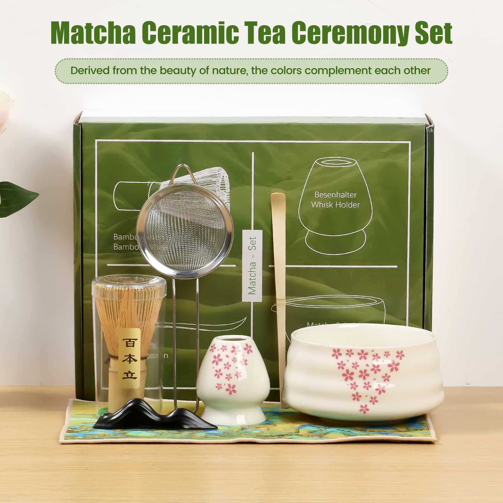 8Pcs Matcha Whisk Set Practical Matcha Making Kit with Ceramic Bowl Matcha Whisk Ceramic Whisk Holder Tea Scoop Stand Matcha Powder Sifter for Tea Lovers