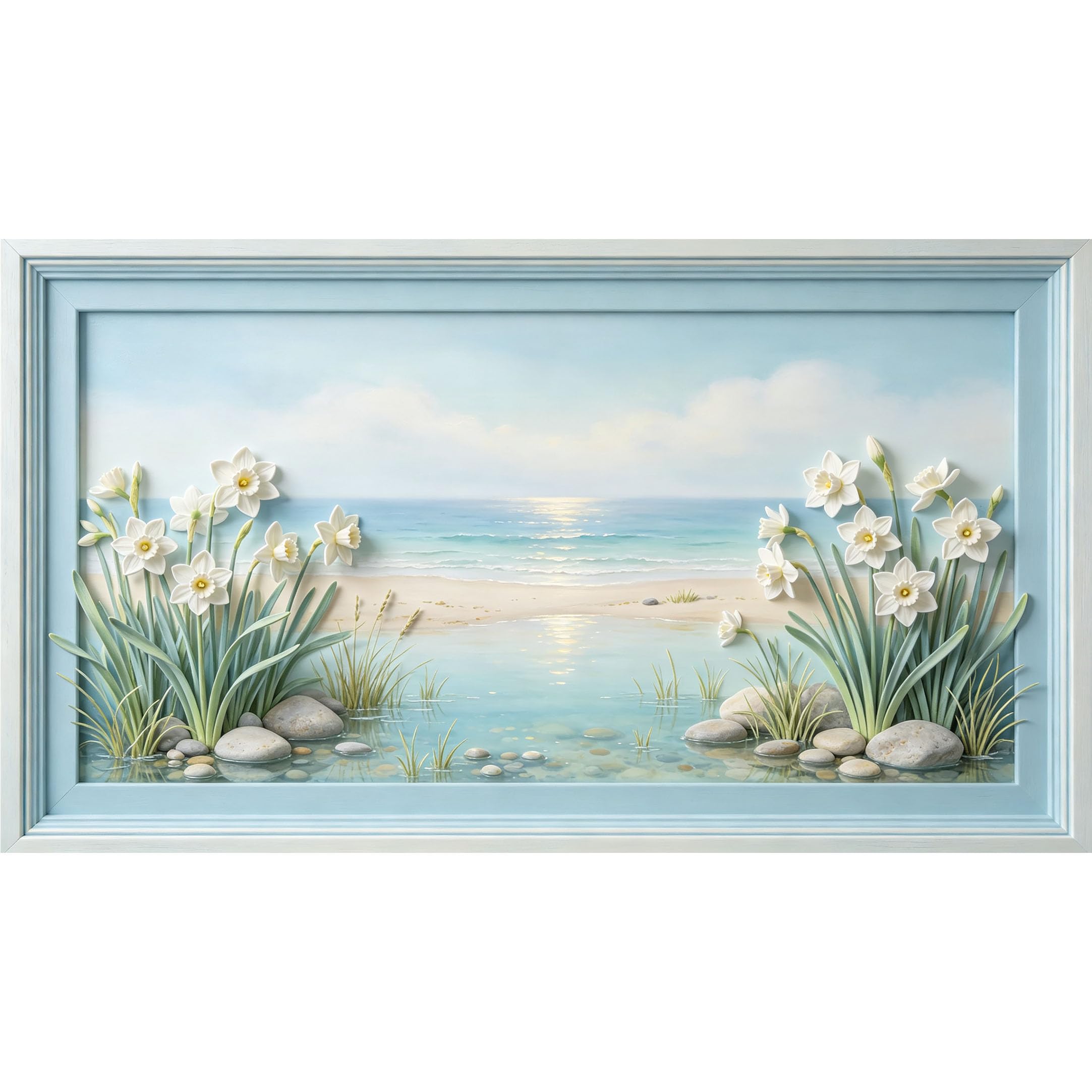 QZLITHOTIC 50×90cm3D Framed Wall Art， Coastal Daffodil Flower Beach Shoreline Self?Adhesive Mural， Water?Activated Peel & Stick Fabric Decor Wall Decal for Bedroom Living Room