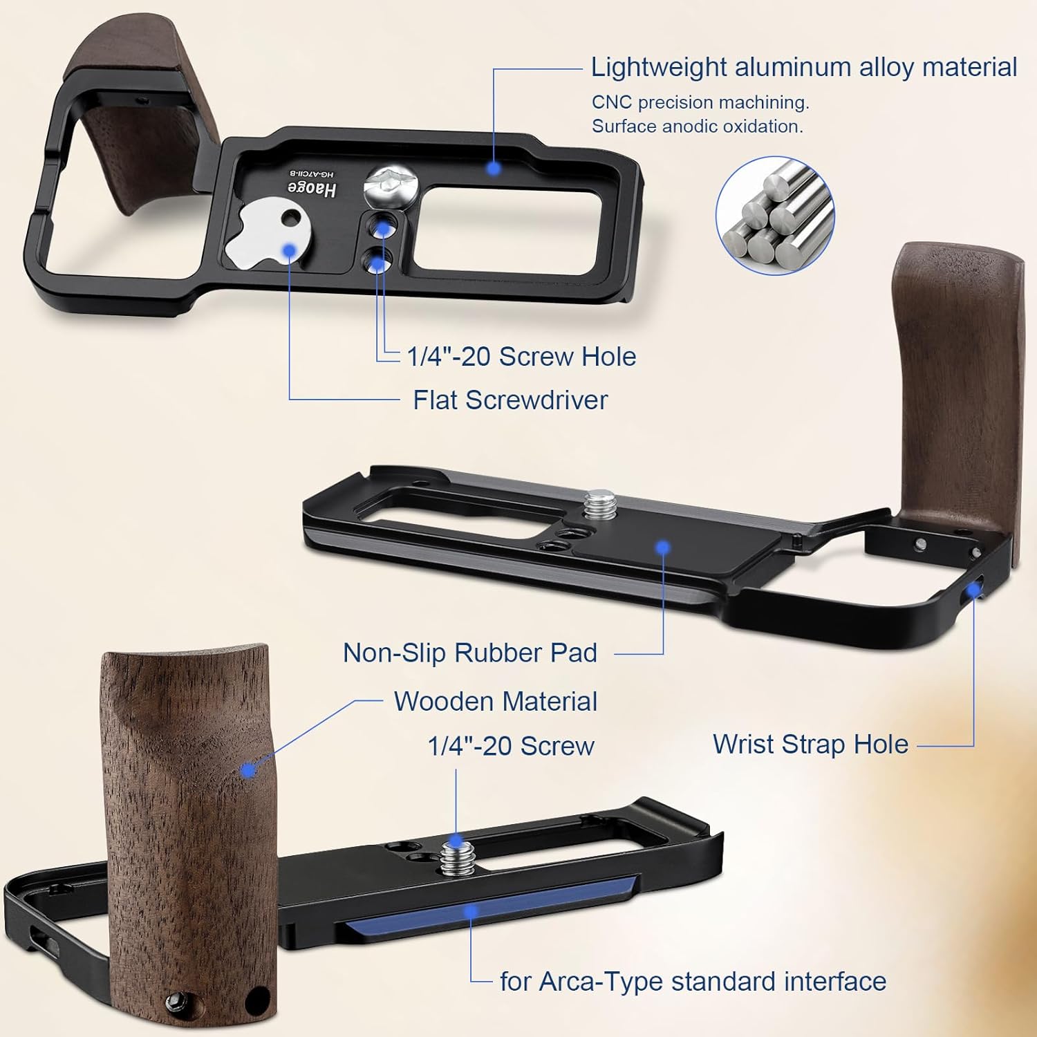 Haoge Wooden Side Handle for Sony A7CR a7cii Camera - Handgrip, L-Shape Bracket Grip with Built-in Arca Quick Release Plate & Battery Compartment Opening, Extra Tripod 1/4 Hole Black HG-A7CR-B