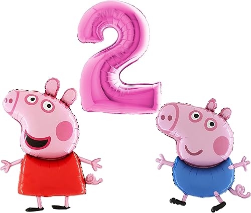 Toyland Peppa & George Pig - Paquete de globos de aluminio 2 globos con forma de personaje de 37 pulgadas y 1 globo de números de 40 pulgadas