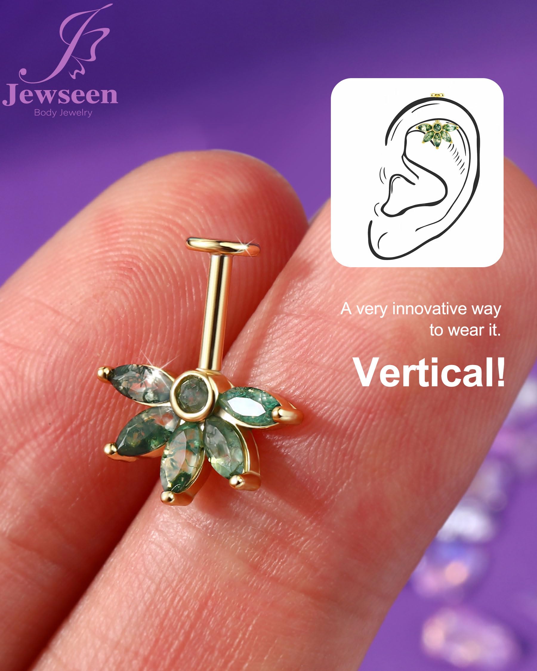 Jewseen Pendiente vertical oculto en forma de hélice, ágata, parte trasera plana, flor, cartílago, plata de ley 925, aretes de trago con rosca interna, joyería de 16 g, 6 mm