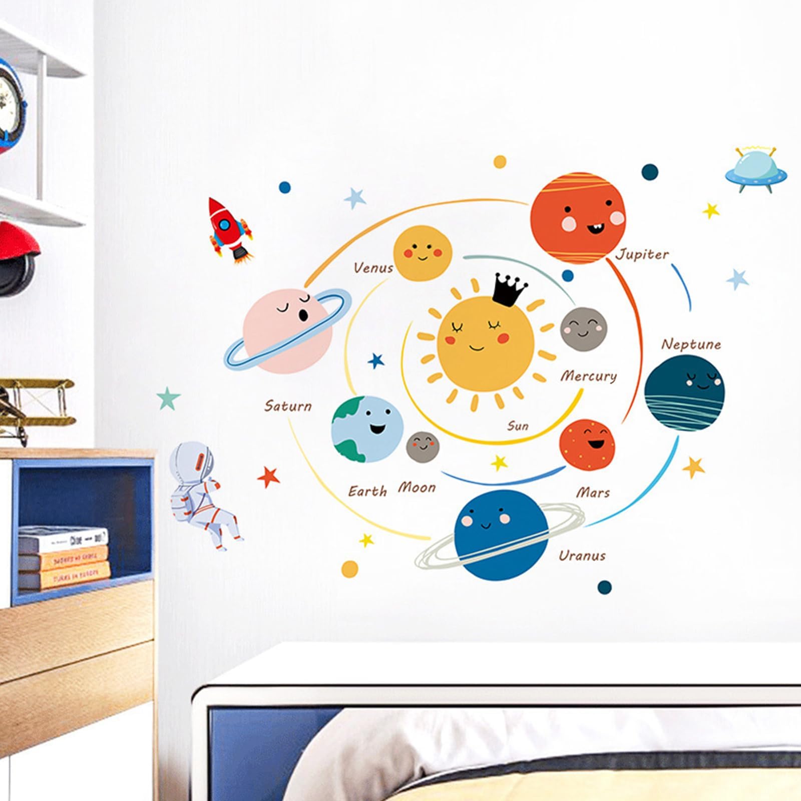 Space Kids Wall Stickers, Removable Self-Adhesive Solar System Wall Decal, 2 PCS PVC Cute Planets Space Wall Sticker Decal for Nursery Bedroom Living Room (30 x 90cm)