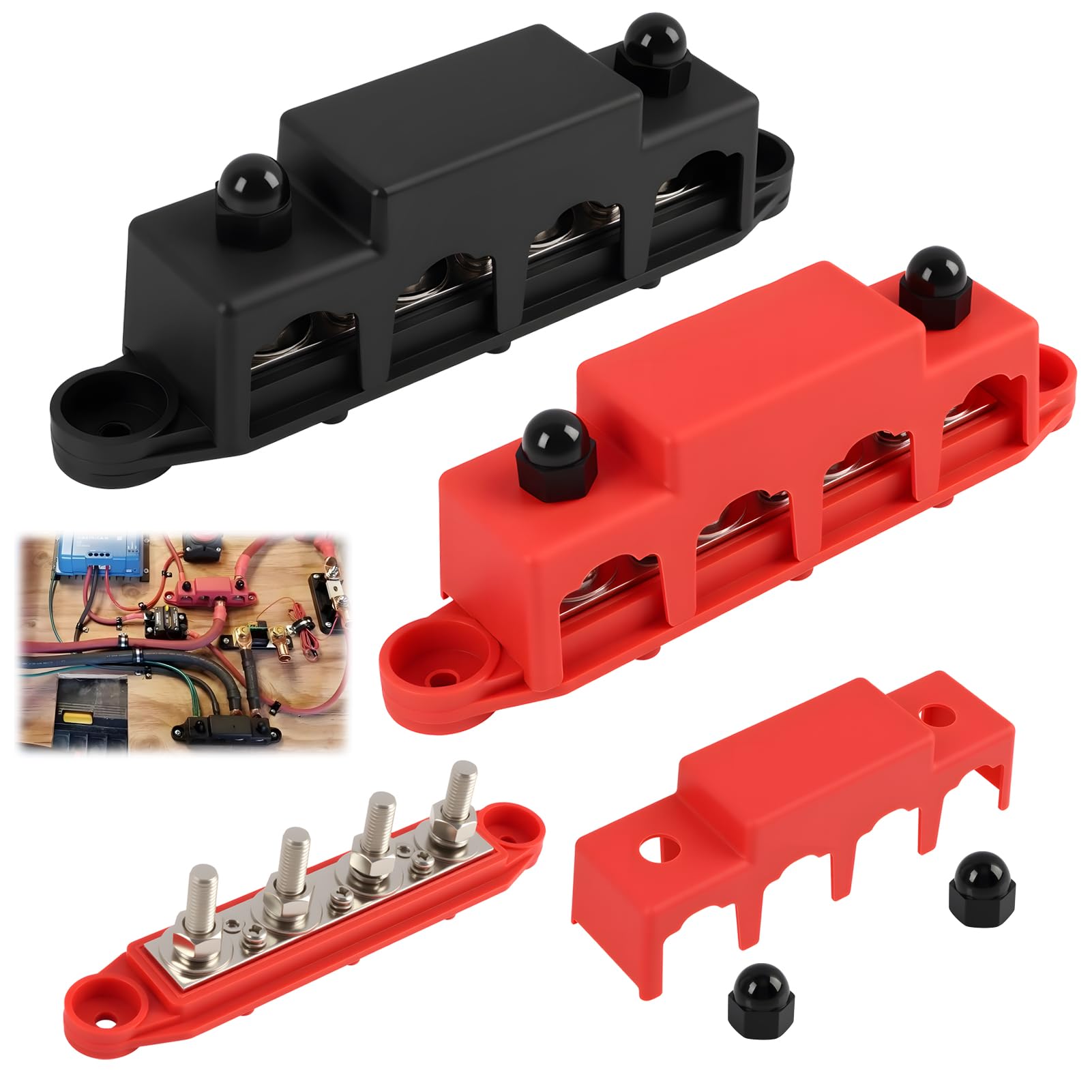 2 piezas 12 V-48 V Barra de distribución de alimentación, 250 A Bloque de terminales eléctrico con 4 x M10 pernos de terminal, bloque de distribución DC, barra colectora M8 con tapa (rojo y negro)