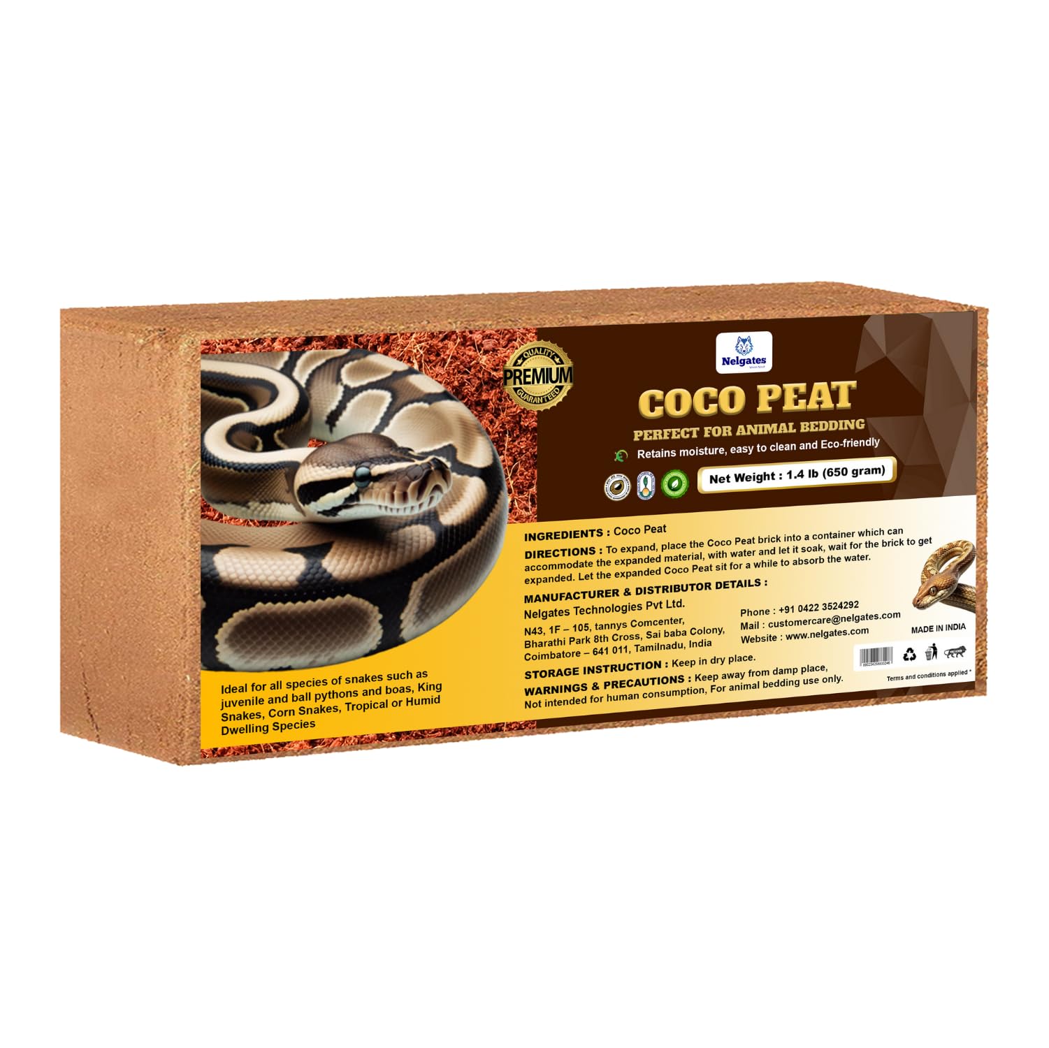 Nelgates Coco peat Block for Animal Bedding pet Products | Dogs, Cats Reptiles Snakes Chicken Bird 650g