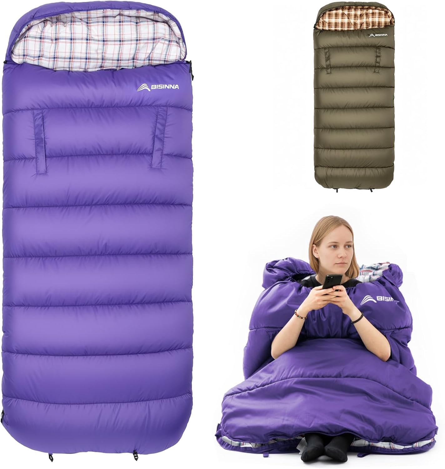 BISINNA Flannel XXL Sleeping bag (90.55"x39.37") Wearable Sleeping Bag for Alults 3 Season with Pillow Compressdin Sack for Hiking Camping Backpacking Outdoor