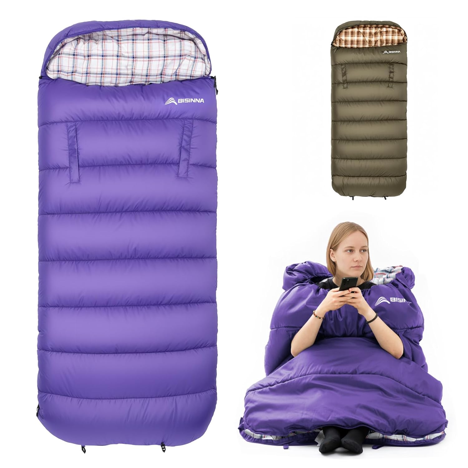 BISINNA Flannel XXL Sleeping bag 90 55x39 37 Wearable Sleeping Bag for Alults 3 Season with Pillow Compressdin