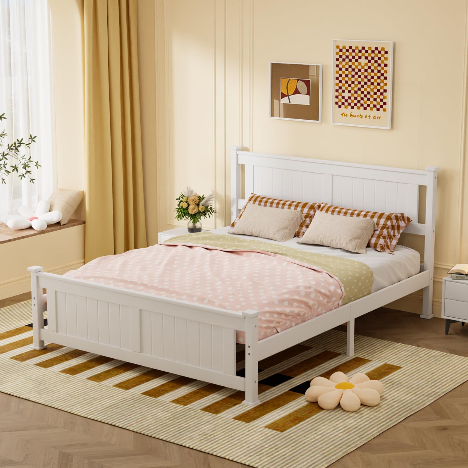 Bonnlo Solid Pine Wooden Double Bed Frame with Modern Headboard