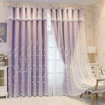 Purple Living Room Curtains Blackout Grommet, Voile Embroidered Floral Curtain for Bedroom Window Noise Blocking Set of 2, 42W x 63L Inch x 1 Panel