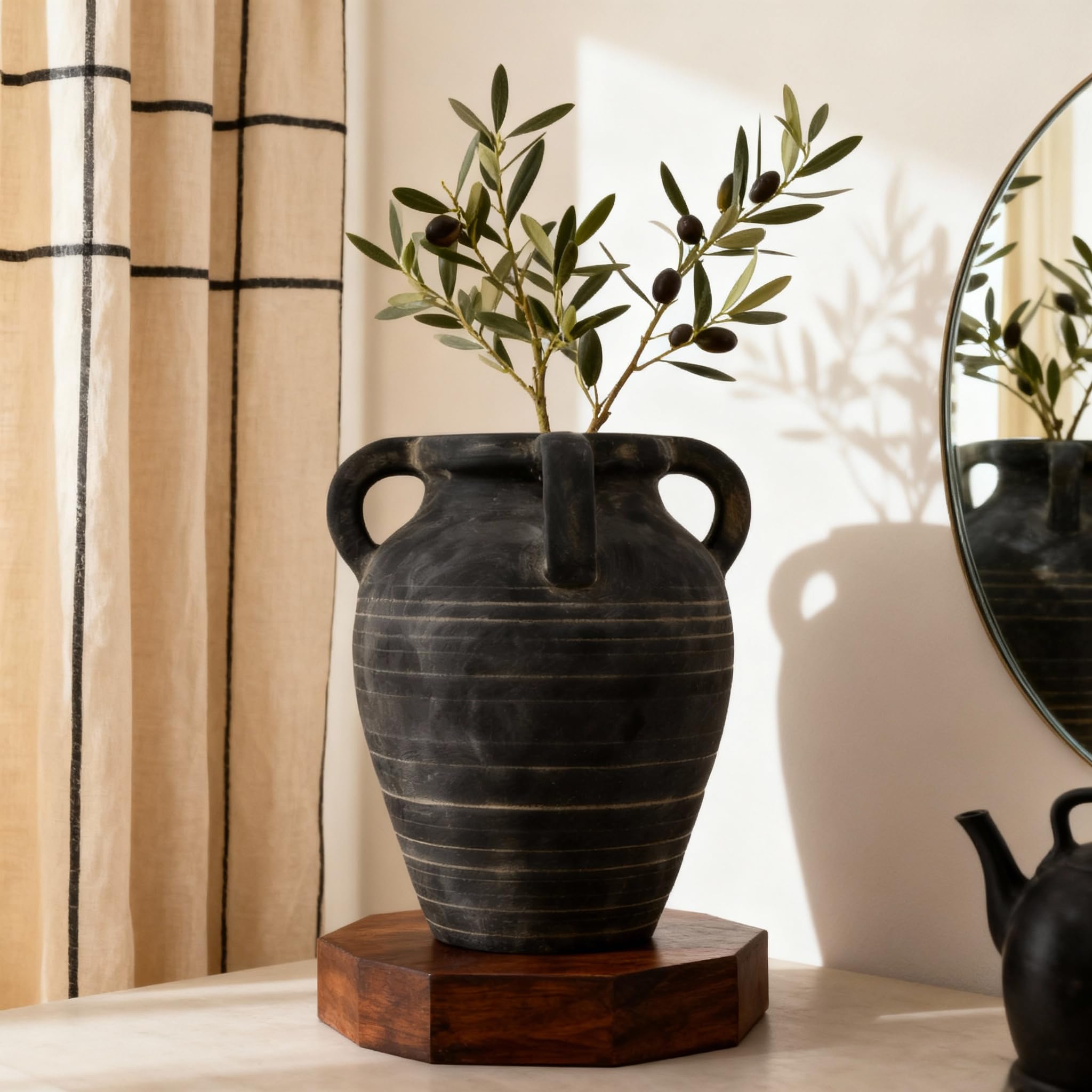 Handgefertigte Blumenvase, 25,9 cm, rustikale Terrakotta-Vase mit 4 Griffen, Vintage-Keramik-Blumenvase, mattschwarzer Ohrtopf für Eingang, Tisch, Regal, Wohnzimmer, Kamin, Heimdekoration