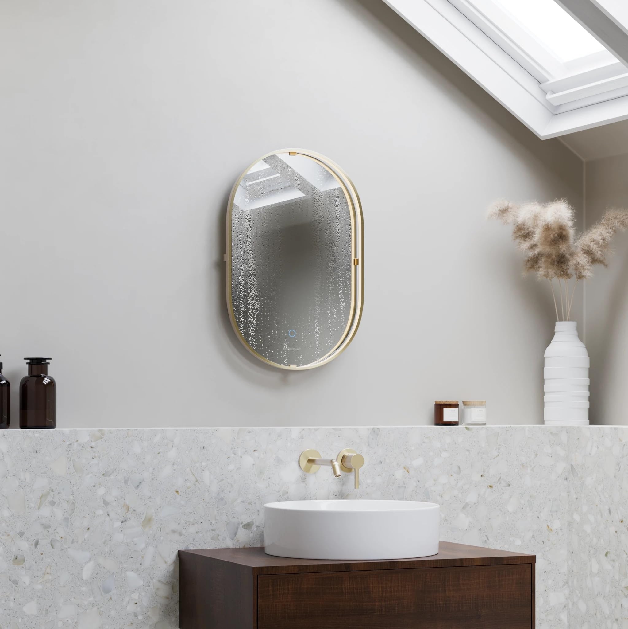 Pebble Grey Brass Oval Illuminated Bathroom Mirror with LED Lights 400x600mm IP44 Rated - Luna Pill Shaped Wall-Mounted LED Bathroom Mirrors with Lights, Heated Demister Pad, & Touch Sensor Switch