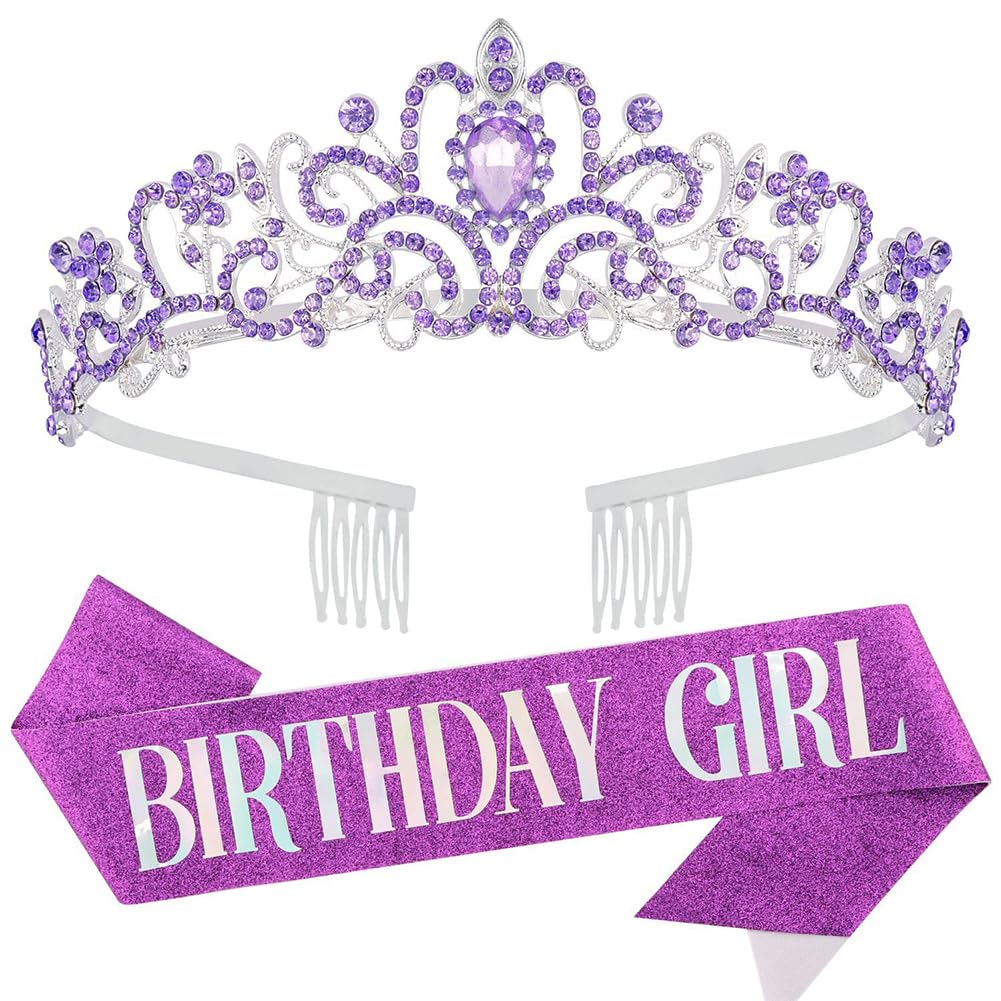 REYOK Mujer Tiara Corona de Cristal con Birthday Girl Sash Corona de niña de cumpleaños diamantes de imitación Tiara de cumpleaños Corona Diadema Tocado Accesorios Púrpura
