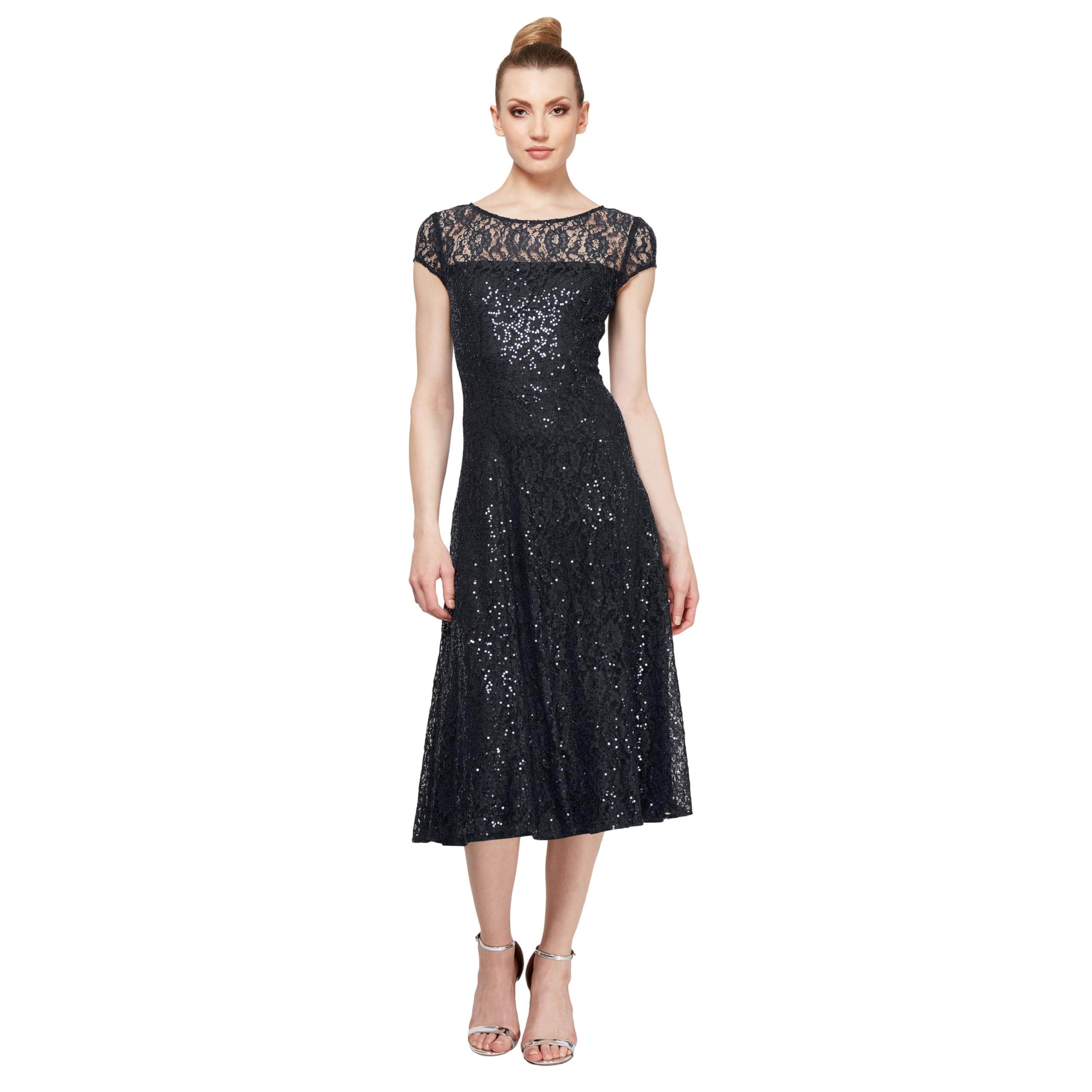S.L. Fashions Womens Stretch V-Neck Tea Length Dress