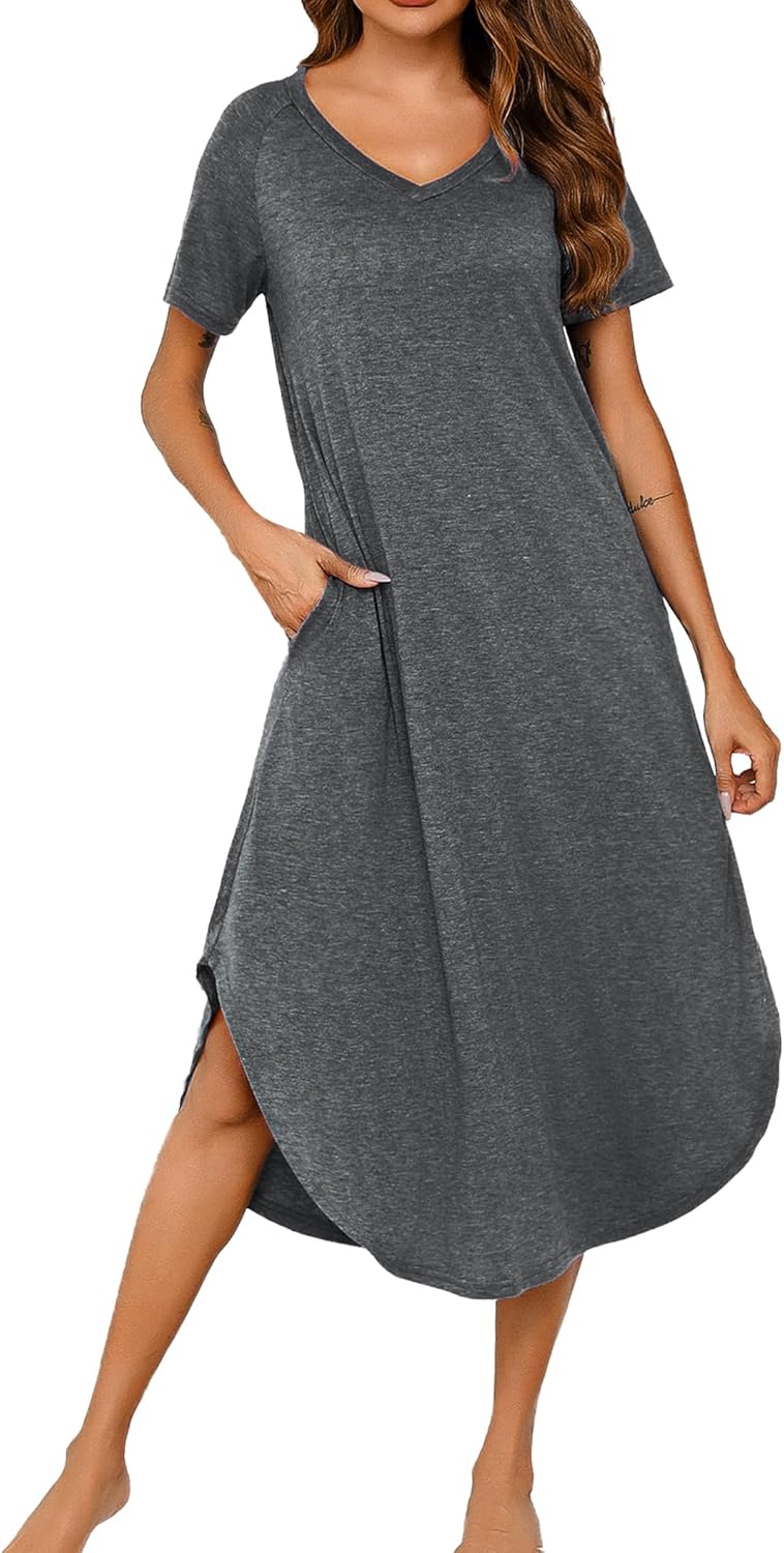 Marvmys Women Short Sleeves Long Nightgown Super Soft Sleepwear Comfy V Neck Cotton Nightshirts with Pocket