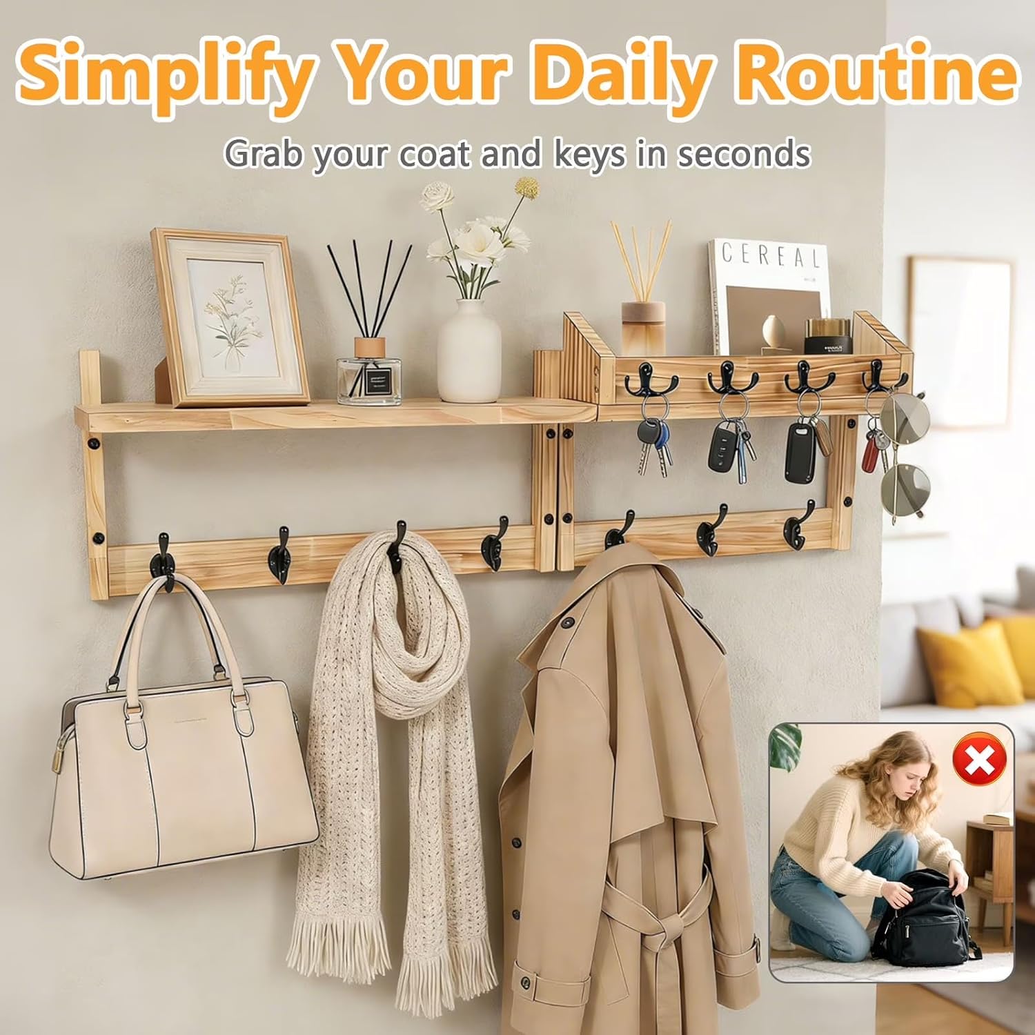 29" Coat Rack Wall Mount, Brown Pine Solid Board,with Storage Rack, 4-in-1 Wall-Mounted Coat Key Rack with 11 Hooks, Can Hang Coats, Hats, Jackets, Keys,Suitable for Bedrooms, Living Rooms