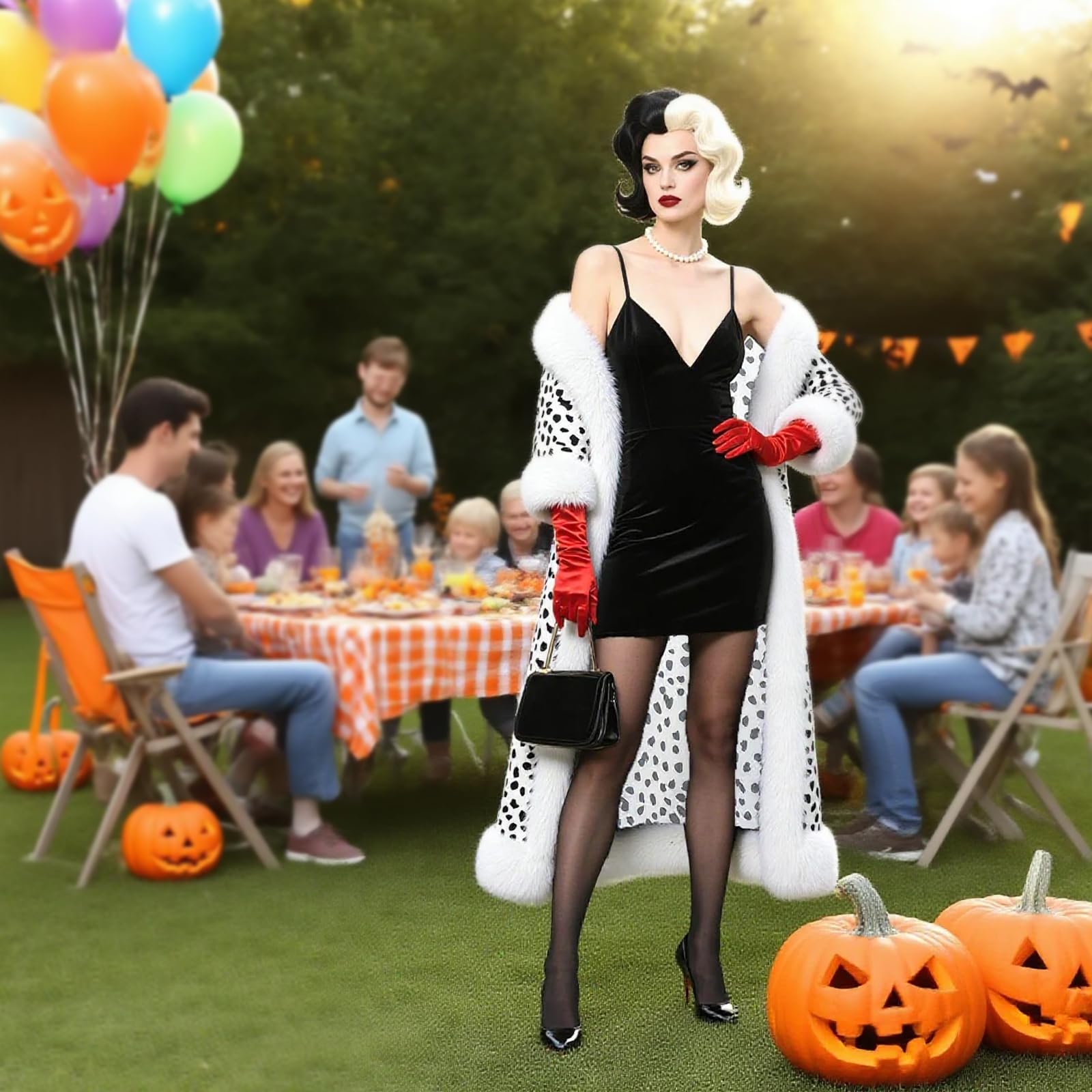Spotted Hund Kostüm Set Halloween Gepunktet Hund Kostüm Erwachsene mit Dalmatiner Mantel Handschuhe Perücke, Frauen Dalmatiner Verkleidung für Halloween Karneval Party