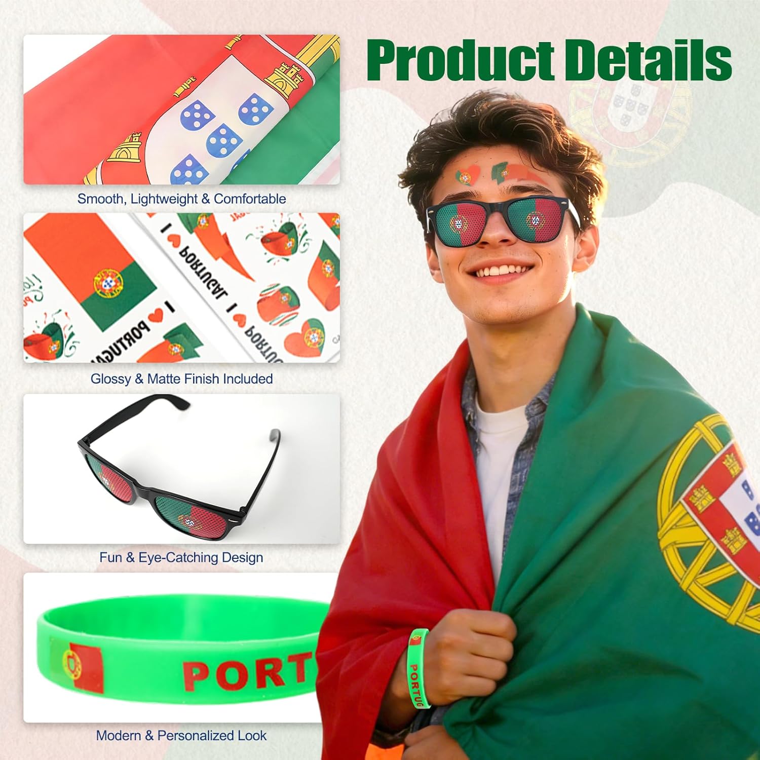 World Cup 2026 Soccer Fan Support Kit 11PCS, World Cup Merch for Fans Accessories, Flag, Scarf, Glasses, Cheering Sticks, Clapper & Schedule Poster, Fan Gear for Match Day & Parties (Portugal)