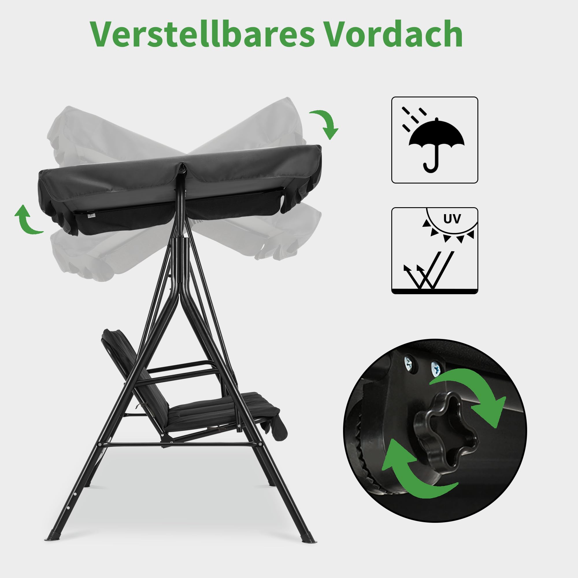 M MCombo 3-Sitzer Hollywoodschaukel, Gartenschaukel mit Verstellbares Sonnendach, Schaukelbank Outdoor, Gartenliege Wetterfest, 114 x 170 x 155 cm, Schwarz 8003