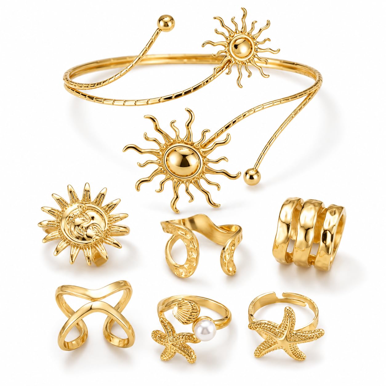 Arm Cuff for Women Fashion Jewellery Gold Sun Starfish Rings Set 7pcs-image-41
