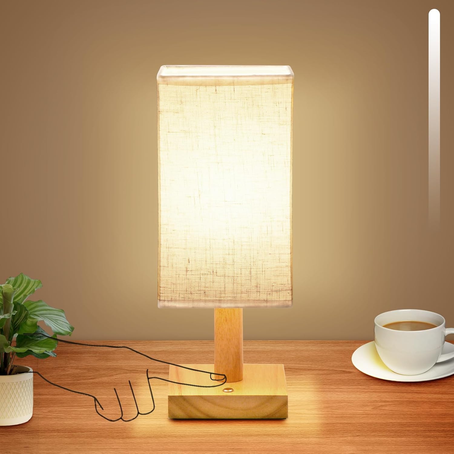 Small Cordless Touch Square Table Lamps Set of 2 with Stepless Dimming,Natural Wood Base&Linen Fabric Shade, Cordless Battery-Powered Ambient Night Lights for Bedroom, Bedside, Nightstand,Room,Nursery