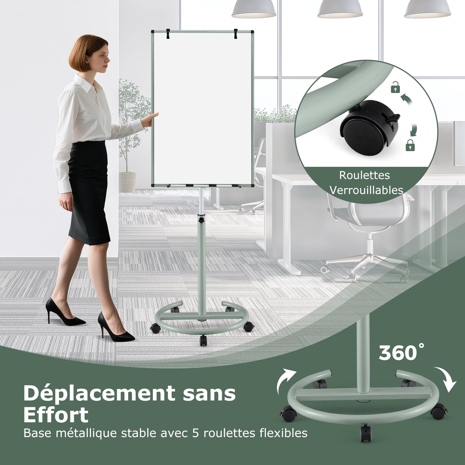 GOPLUS Tableau Blanc Effacable 65 x 100 CM, Tableau Blanc Magnetique avec Support Hauteur Réglable et 5 Roues Roulant, 1 Effaceur, 2 Crochets, 6 Marqueurs, 12 Aimants, 25 Papiers, Idéal pour Bureau