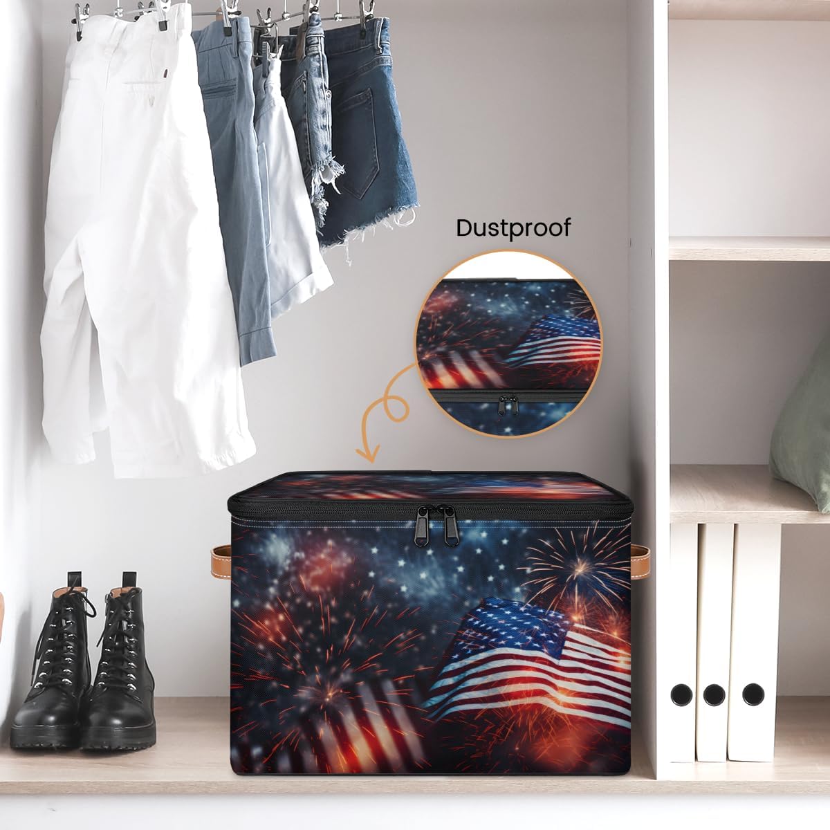 Storage Bin Set of 2 Independence Day Flag Storage Basket with Zipper Lid & Handle Foldable Closet Shelf 2 Pack Cloth Organizer Basket Cube Bins Clothes Organizer for Nursery, Bedroom