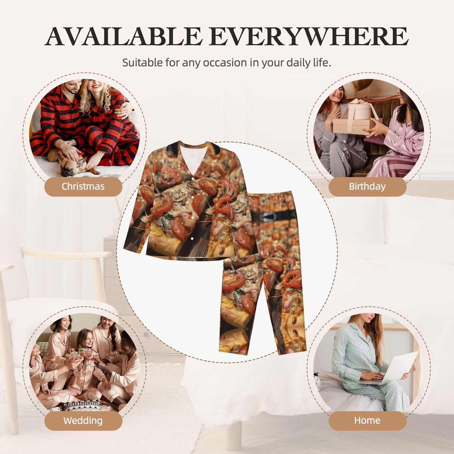 Tasty Pizza Print Christmas Pajamas For Women,Matching Pajama Sets,For Holiday And Thanksgiving