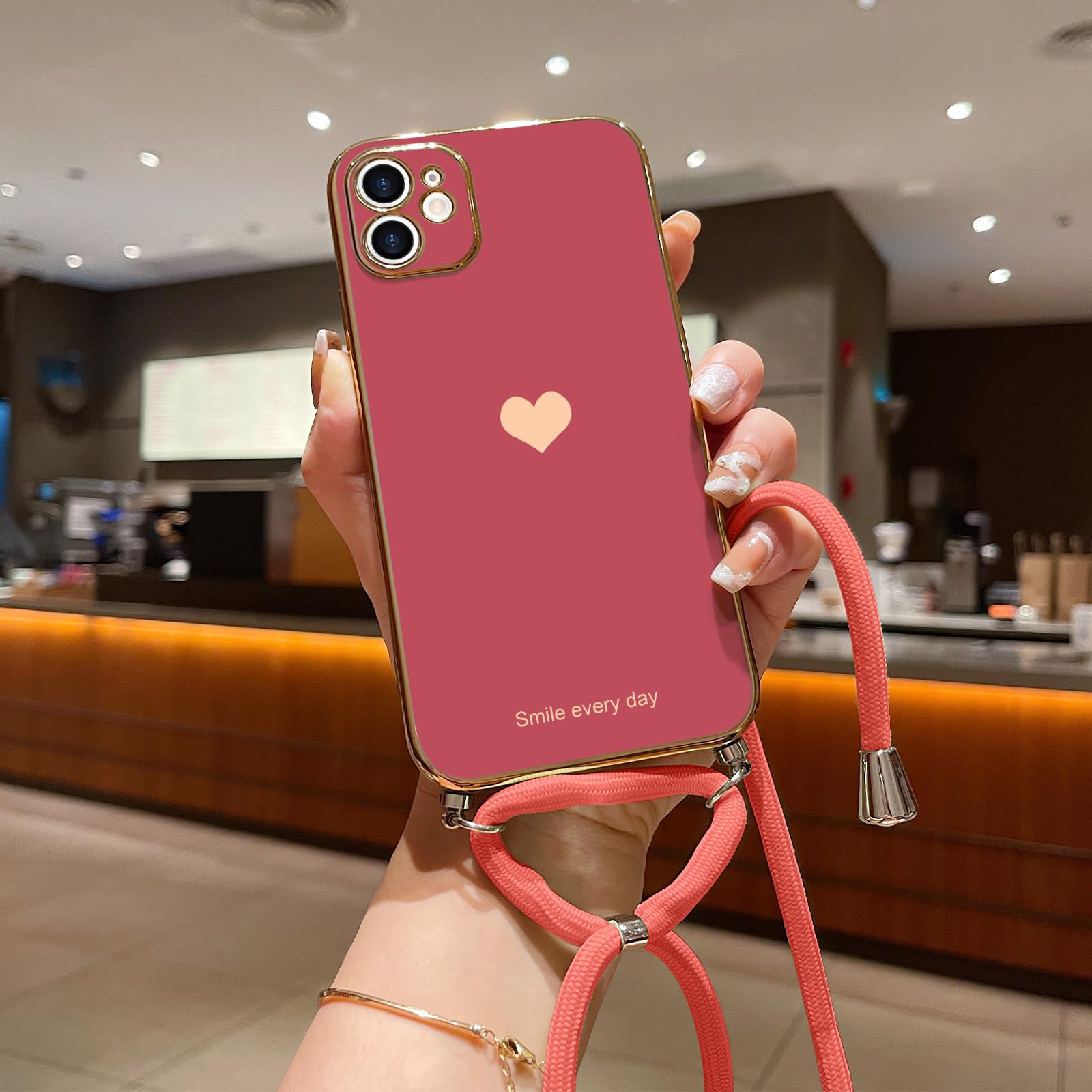 Wirvyuer Cover Compatible con iPhone 12 Custodia con Cordino Regolabile Donna Amore Cuore Cover con Collana Elettrolitico protezione fotocamera Silicone Case per iPhone 12 Verde Chiaro